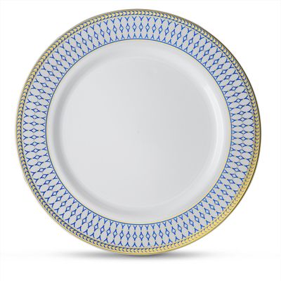 [10 Count - 10" Plates] Laura Stein Designer Tableware Premium Heavyweight Plastic White Dinner Plate With Blue & Gold Border Plastic Party & Wedding Plate Midnight Blue Series Disposable Dishes