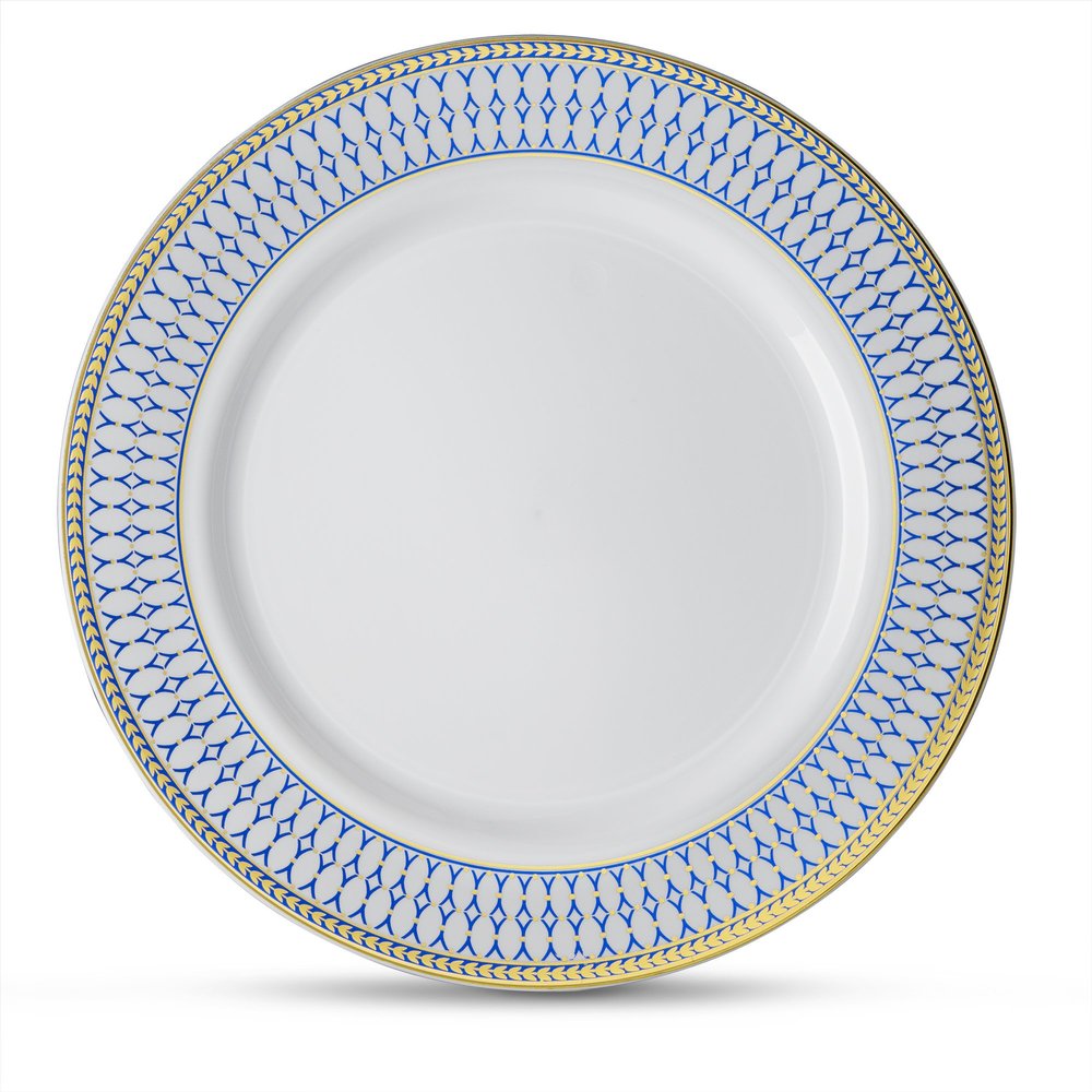 [10 Count - 10" Plates] Laura Stein Designer Tableware Premium Heavyweight Plastic White Dinner Plate With Blue & Gold Border Plastic Party & Wedding Plate Midnight Blue Series Disposable Dishes