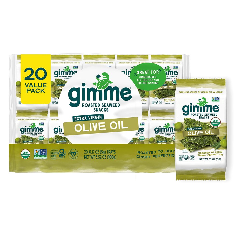 Gimme Seaweed Organic Premium Roasted Seaweed Snacks, Extra Virgin Olive Oil, 20 Count, Keto, Vegan, Gluten-Free, Great Source of Omega3s and Iodine, Healthy On-The-Go Snack for Kids and Adults