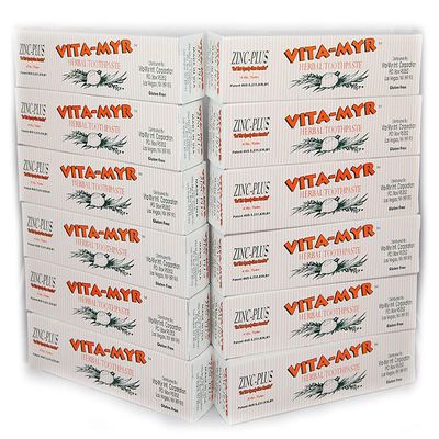 12 Pk VITA-MYR 4 Oz Herbal Zinc+ Natural Toothpaste Effective Toothpaste No Sugar, No Fluoride, No SLS, No Aspartame, No Saccharin, Low-Abrasive, Gluten Free & Vegan