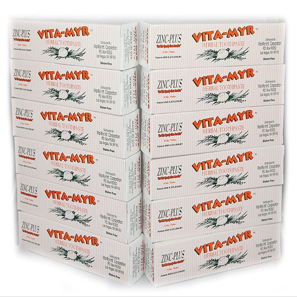 12 Pk VITA-MYR 4 Oz Herbal Zinc+ Natural Toothpaste Effective Toothpaste No Sugar, No Fluoride, No SLS, No Aspartame, No Saccharin, Low-Abrasive, Gluten Free & Vegan