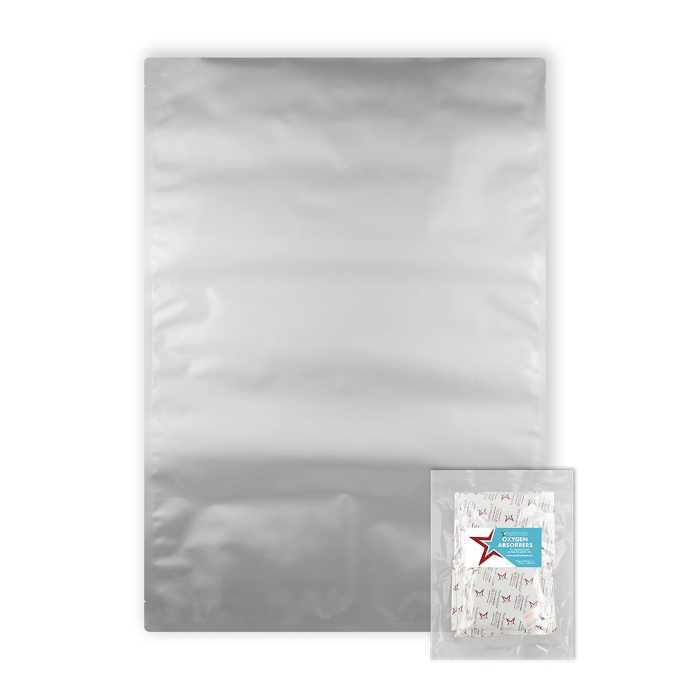 PackFreshUSA: 5 Pack - 7 Mil - Five Gallon Heavy Duty Mylar Bags - 2000cc + 500cc High Capacity Oxygen Absorbers - Rounded Corners - Long-Term Food Storage