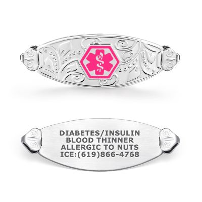 Divoti Custom Laser Engraved 316L Stainless Steel Medical ID Tag for Bracelet | Lovely Filigree Design, High-Contrast Engraving | Personalized Emergency Medical Info | Horizontally Connect - Vivid Red