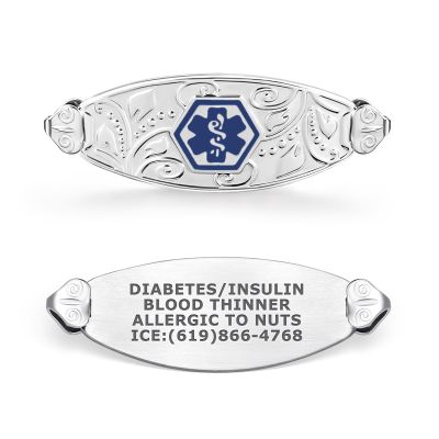 Divoti Custom Laser Engraved 316L Stainless Steel Medical ID Tag for Bracelet | Lovely Filigree Design, High-Contrast Engraving | Personalized Emergency Medical Info | Horizontally Connect - Deep Blue