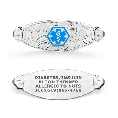 Divoti Custom Laser Engraved 316L Stainless Steel Medical ID Tag for Bracelet | Lovely Filigree Design, High-Contrast Engraving | Personalized Emergency Medical Info, Horizontally Connect - Light Blue