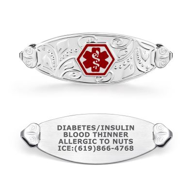 Divoti Custom Laser Engraved 316L Stainless Steel Medical ID Tag for Bracelet | Lovely Filigree Design, High-Contrast Engraving | Personalized Emergency Medical Info | Horizontally Connect - Red