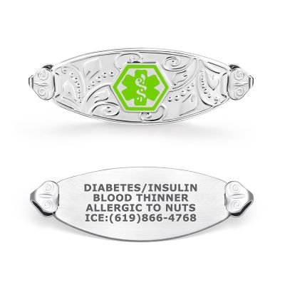 Divoti Custom Laser Engraved 316L Stainless Steel Medical ID Tag for Bracelet | Lovely Filigree Design, High-Contrast Engraving, Personalized Emergency Medical Info, Horizontally Connect - Light Green