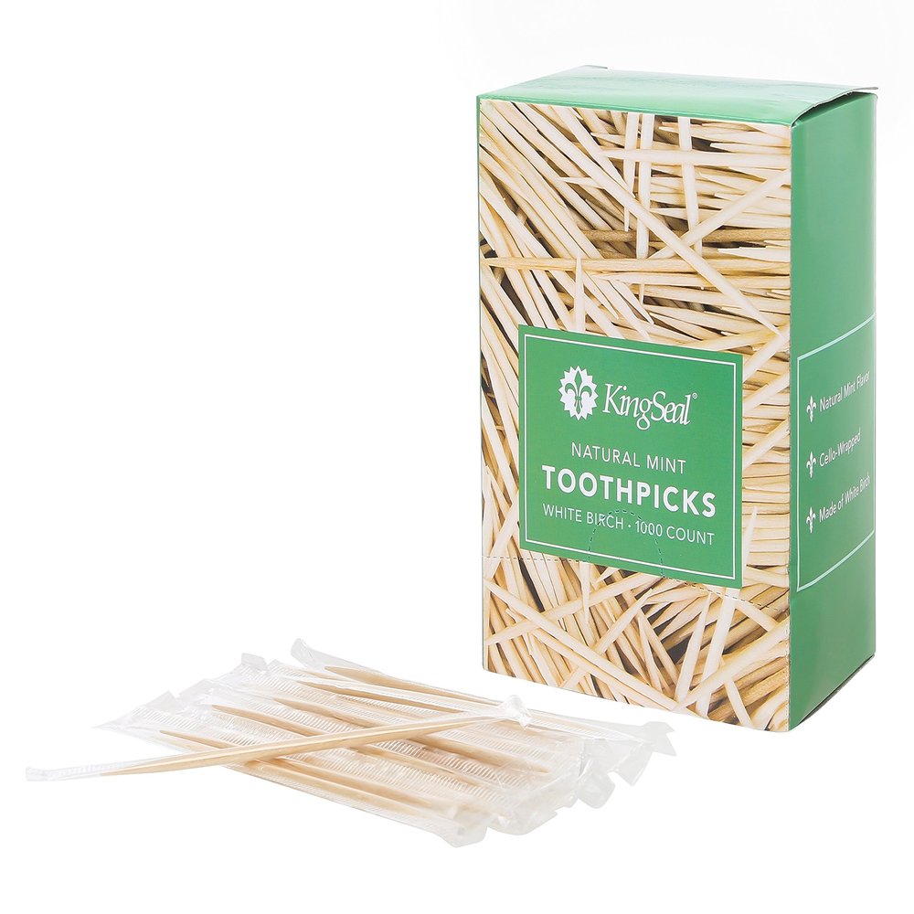 4000 Count | KingSeal Individually Cello Wrapped Mint Flavor Birch Wood Toothpicks, 2.5 Inch, Bulk Pack - 4 Boxes x 1000