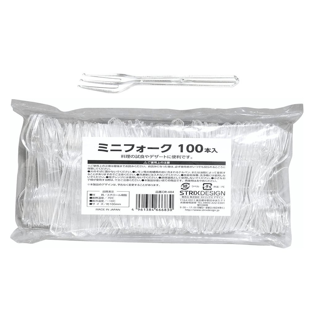 Strix Design DR-484 Mini Forks, 100 Pieces, Clear, 3.9 inches (10 cm), Made in Japan, Commercial Use, For Tasting and Desserts, Disposable Cutlery, Plastic