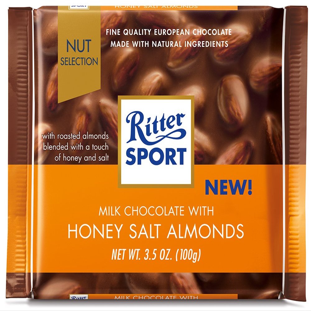 Ritter Sport Nut Selection Milk Chocolate Honey Sea-Salt Almonds Bar, 100g/3.5 oz. Bar (Imported from Canada)