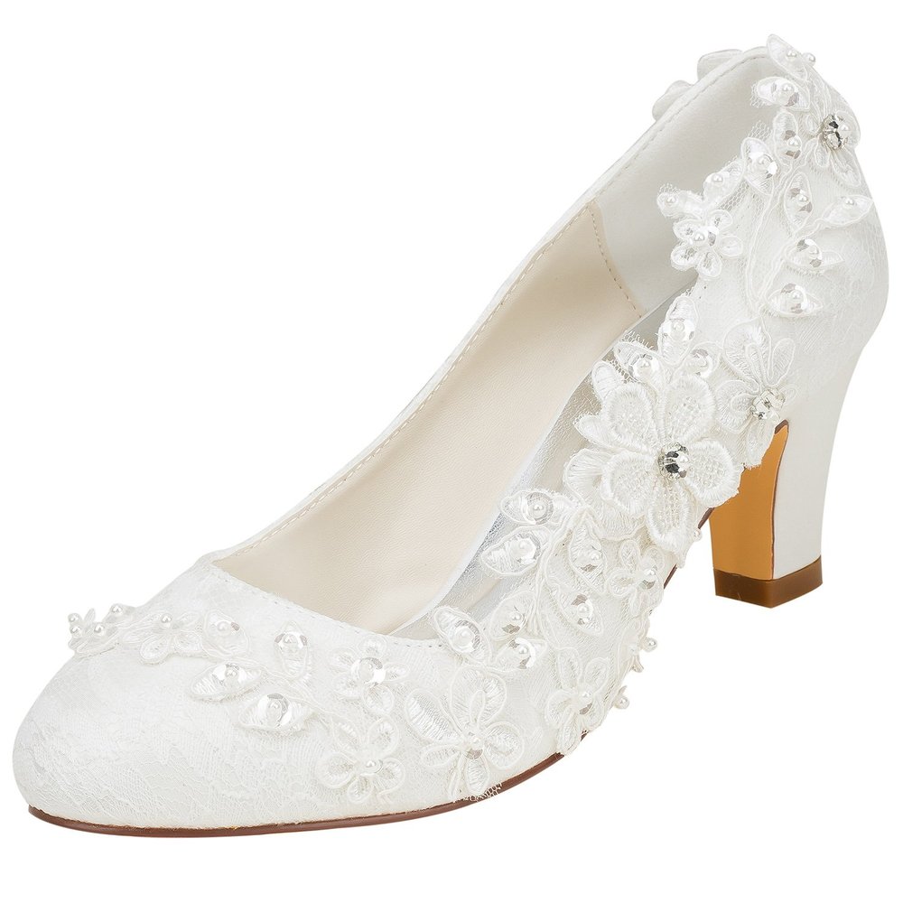 Emily Bridal 1505-1B Women's Wedding Shoes Closed Toe 2.56 Inches Chunky Heel Lace Satin Pumps with Rhinestone Lace Flower Bridal Shoes, Ivory 6.5 US/ 37 EU