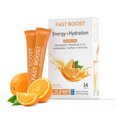 FAST BOOST Energy & Hydration Drink Mix - Orange | Sugar Free Electrolyte Powder Packets with Antioxidants, Green Tea Extract, B Vitamins, Vitamin C & E | 14 Stick Packs