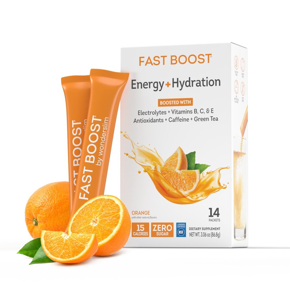 FAST BOOST Energy & Hydration Drink Mix - Orange | Sugar Free Electrolyte Powder Packets with Antioxidants, Green Tea Extract, B Vitamins, Vitamin C & E | 14 Stick Packs