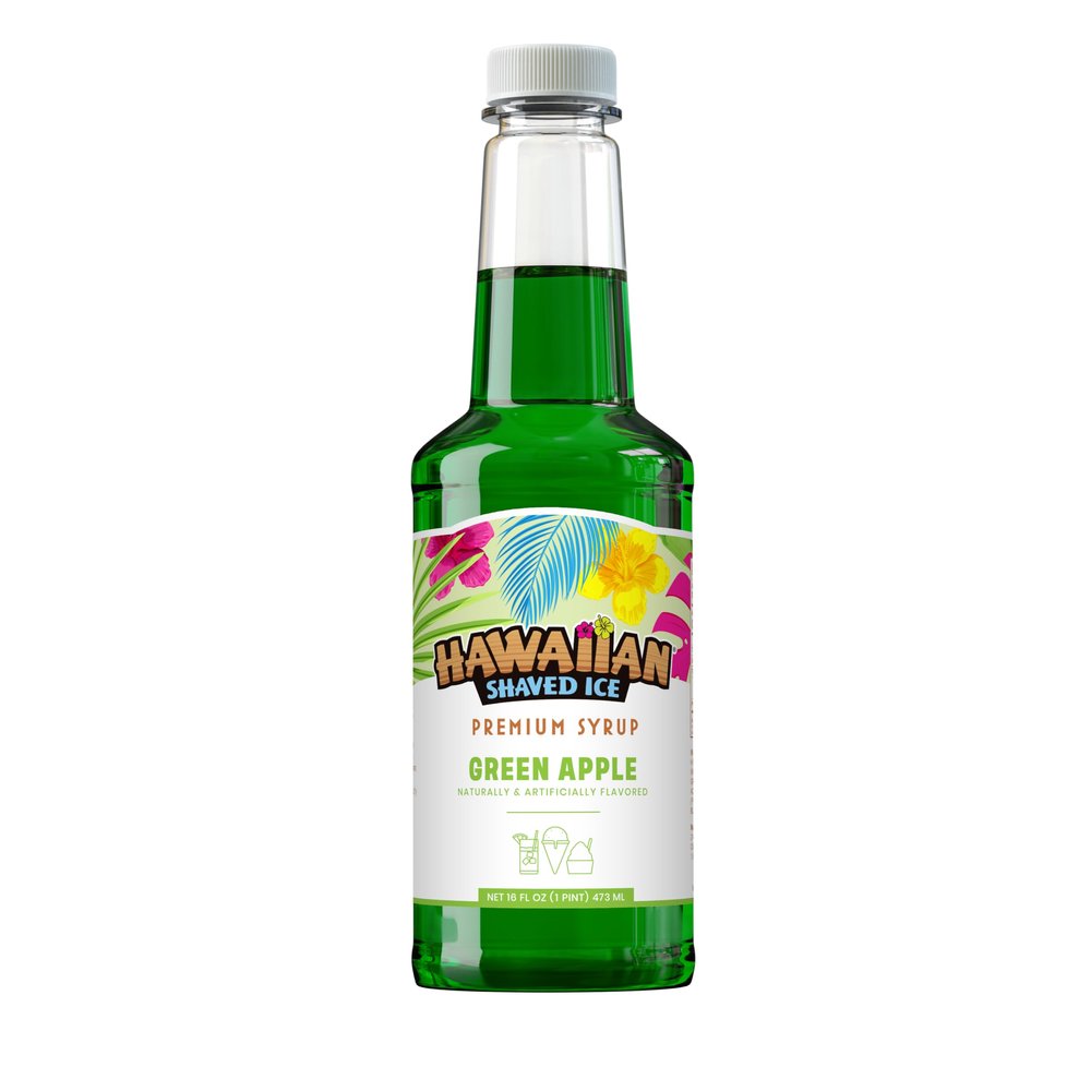 Hawaiian Shaved Ice Green Apple Syrup - Nut Soy Dairy Free - Flavor Fluffy & Crunchy Snow Cones - Shelf Stable - Makes 8 Servings - 16 ounces