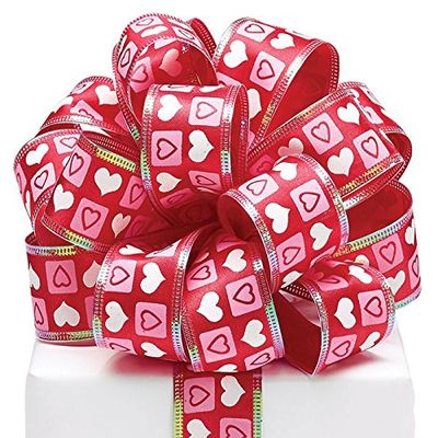 Burton & Burton Pink/White Heart On Red Wired Ribbon