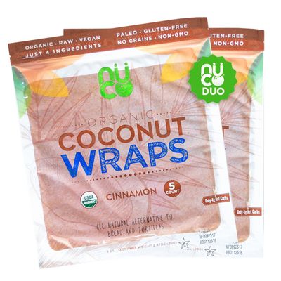 NUCO All-Natural, Certified Organic, Paleo, Gluten Free, Vegan Non-GMO, Kosher Raw Veggie Coconut Wraps Cinnamon Flavor. NO Salt Added Low Carb and Yeast Free 10 Count (Two Packs of Five Wraps Each)