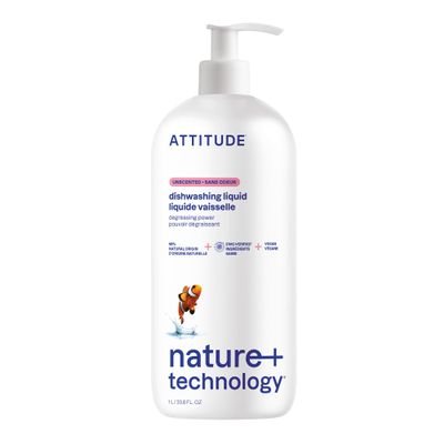 ATTITUDE Dish Soap, EWG Verified, Plant-Based & Vegan Dishwashing Liquid, Naturally Derived, Unscented, 33.8 Fl Oz