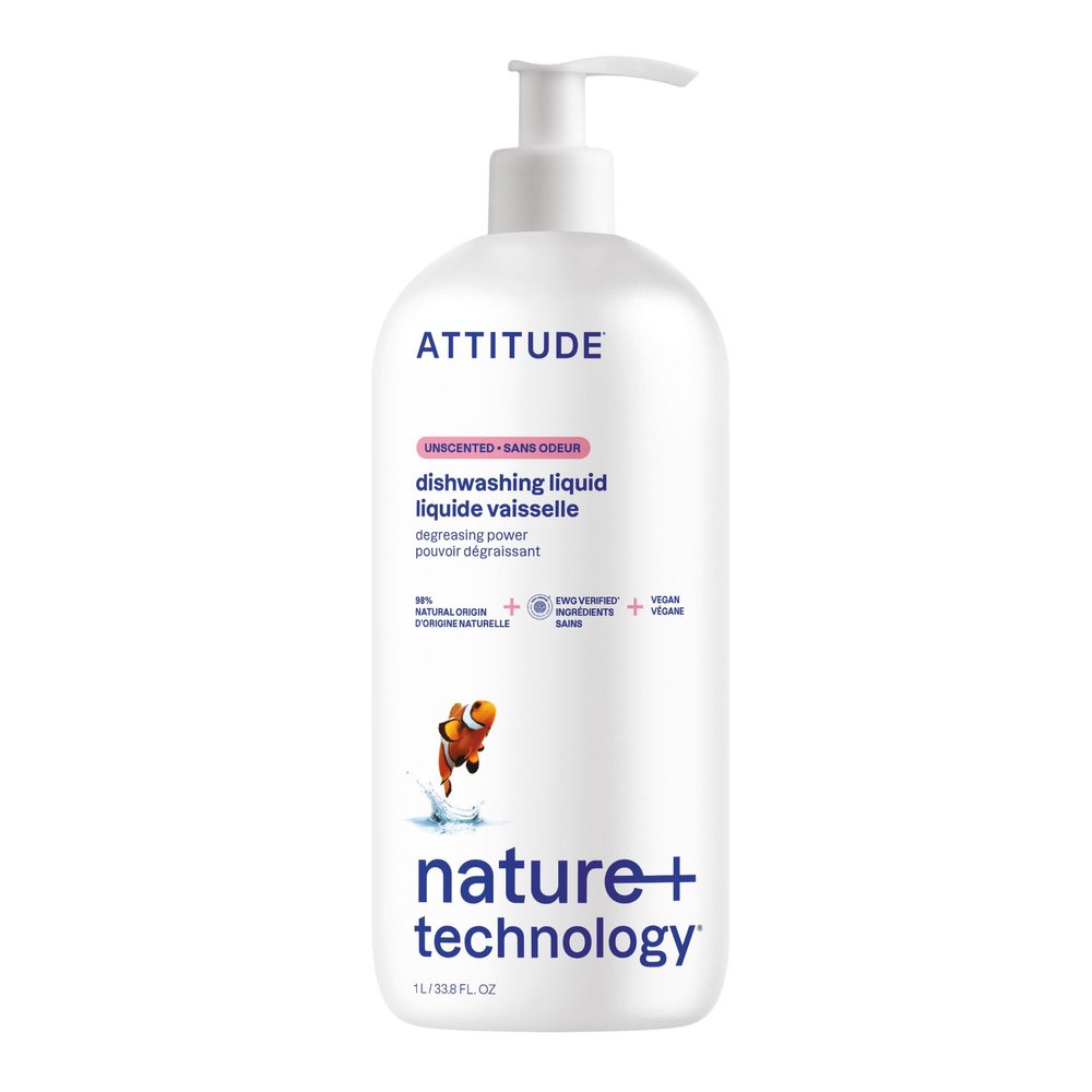 ATTITUDE Dish Soap, EWG Verified, Plant-Based & Vegan Dishwashing Liquid, Naturally Derived, Unscented, 33.8 Fl Oz
