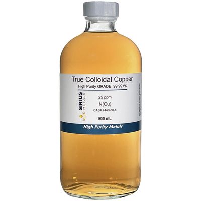 True Colloidal Copper 25ppm 500mL in a Glass Bottle