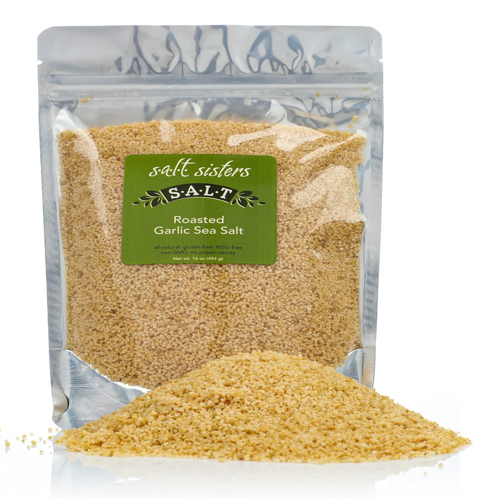 s.a.l.t. sisters Roasted Garlic Sea Salt | All-Natural, Gluten Free, MSG Free, Non-GMO | Easily Dissolvable Roasted Garlic Infused Coarse Sea Salt | Versatile Salt for Meat, Fish, Vegetables | 1lb