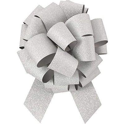 Berwick Offray 2.5'' Wide Ribbon Pull Bow, 8'' Diameter with 20 Loops, Silver Glitter