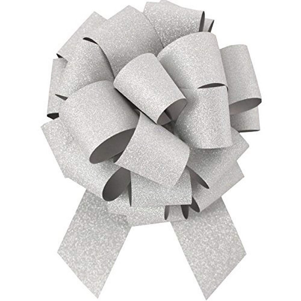 Berwick Offray 2.5'' Wide Ribbon Pull Bow, 8'' Diameter with 20 Loops, Silver Glitter