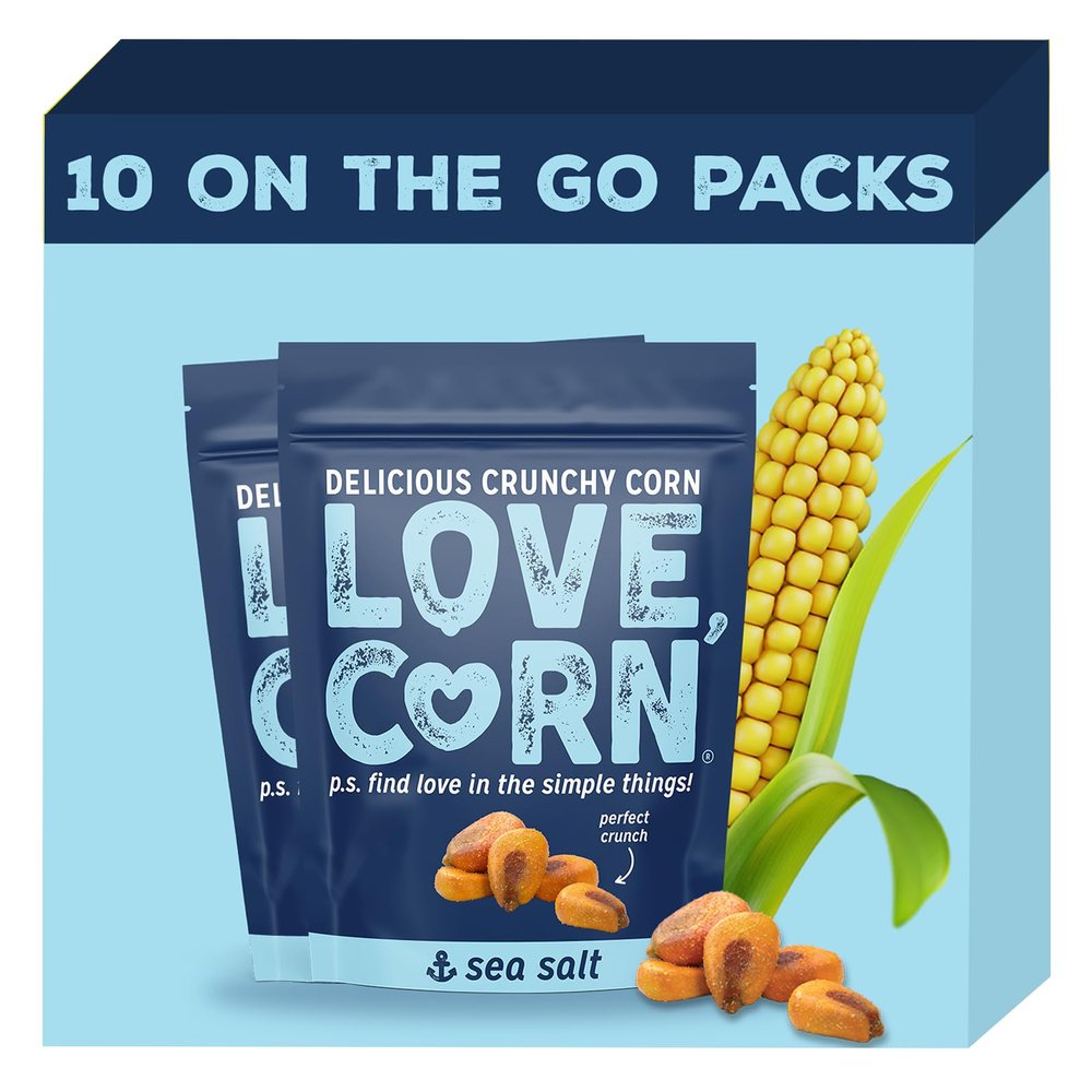 LOVE CORN Sea Salt 1.6oz x 10 Bags - Delicious Crunchy Corn - Healthy Family Snacks - Gluten Free, Kosher, NON-GMO - Alternative for Chips, Nuts, Crackers & Pretzels - Perfect for Charcuterie Boards