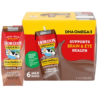 Horizon Organic Shelf Stable 1% Lowfat DHA Omega-3 Chocolate Milk Boxes, 8 fl oz, 6 Count - 8g Protein per Serving, USDA Organic, Ready to Drink for Lunchbox, Travel, or On-the-Go, No Refrigeration Needed