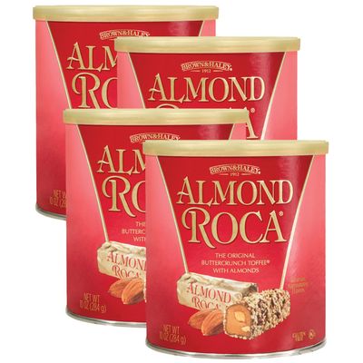 Almond Roca Pack of 4 Canisters - 10oz Individually Wrapped Chocolate Candy - Classic Buttercrunch Toffee with Almonds - Gluten Free, Kosher, Chocolate