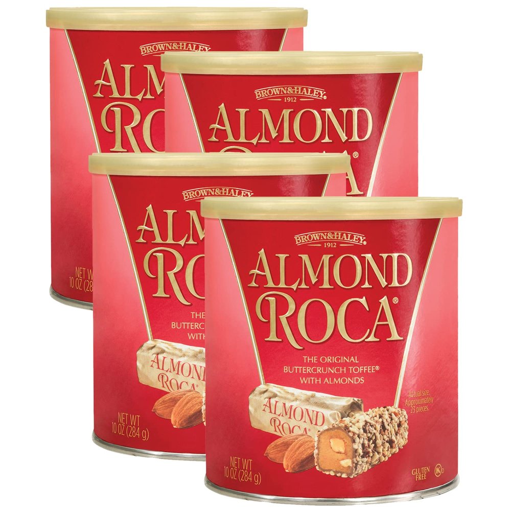 Almond Roca Pack of 4 Canisters - 10oz Individually Wrapped Chocolate Candy - Classic Buttercrunch Toffee with Almonds - Gluten Free, Kosher, Chocolate