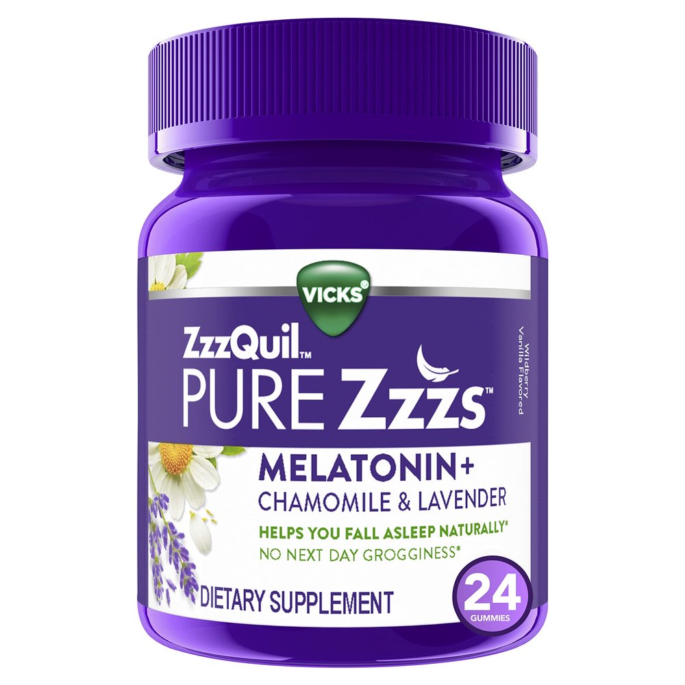 ZzzQuil PURE Zzzs Melatonin Gummies, Sleep Aid, Melatonin 2mg, with Chamomile & Lavender, Melatonin Sleep Gummies, Sleep Aids for Adults, Wildberry Vanilla Flavored, 24 Sleep Gummies
