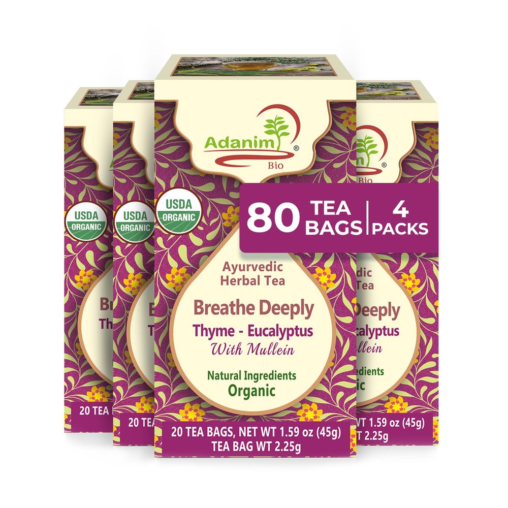 Adanim Bio Ayurvedic Herbal Tea Breathe Deeply Thyme Eucalyptus Mullein Tea USDA Organic Naturally Caffeine-Free Antioxidant Rich Healthy Herbal Tea Wellness 80 Tea Bags