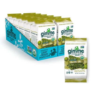 Gimme Seaweed Organic Premium Roasted Seaweed Snacks, Extra Virgin Olive Oil, 12 Count Sharing Size, Keto, Vegan, Gluten-Free, Source of Omega3s & Iodine, Healthy On-The-Go Snack for Kids & Adults