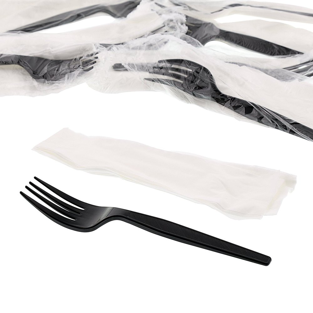 AmerCareRoyal 2-in-1 Disposable Silverware Medium Heavy Weight Plastic Utensil Set with Fork and 13x17 inch Napkin - Individually Wrapped Cutlery Meal Kit, Black, Case of 1000
