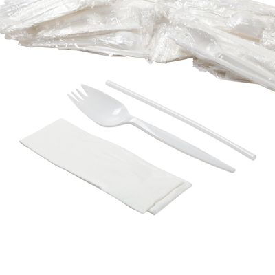 AmerCareRoyal 3-in-1 Disposable Silverware Medium Weight Plastic Meal Kit with Spork, Milk Straw and 10x10 inch Napkin - Individually Wrapped Utensil Set, White, Case of 1000
