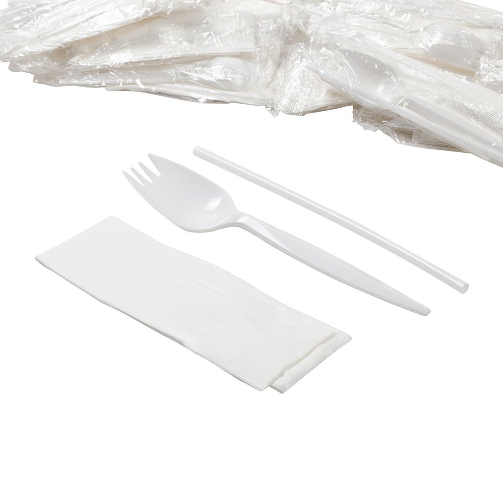 AmerCareRoyal 3-in-1 Disposable Silverware Medium Weight Plastic Meal Kit with Spork, Milk Straw and 10x10 inch Napkin - Individually Wrapped Utensil Set, White, Case of 1000