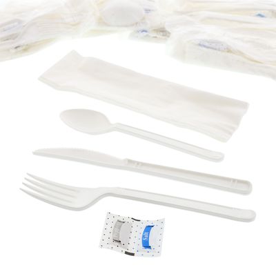 AmerCareRoyal 6-in-1 Disposable Silverware Heavy Weight Plastic Utensil Set with Teaspoon, Fork, Knife, Salt & Pepper Packets, 13x17 Napkin - Individually Wrapped Cutlery Meal Kit, White, Case of 250