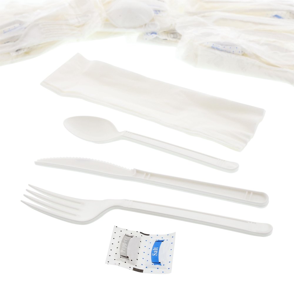 AmerCareRoyal 6-in-1 Disposable Silverware Heavy Weight Plastic Utensil Set with Teaspoon, Fork, Knife, Salt & Pepper Packets, 13x17 Napkin - Individually Wrapped Cutlery Meal Kit, White, Case of 250