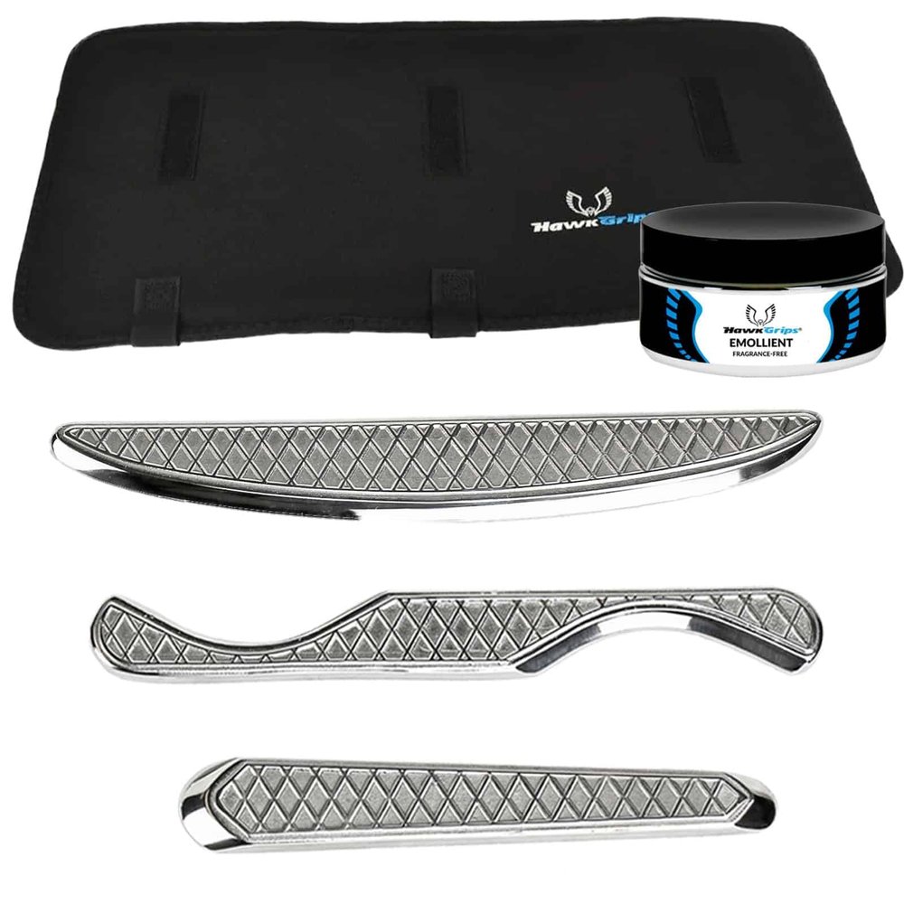 HawkGrips, Introductory Massage Therapy Tool Set with Massage Emollient 8oz, Stainless Steel, Includes Roll-Up Carrying Case, Medium Multi-Curve, Dual-Edge Tongue Depressor, and Scanner Massage Tool