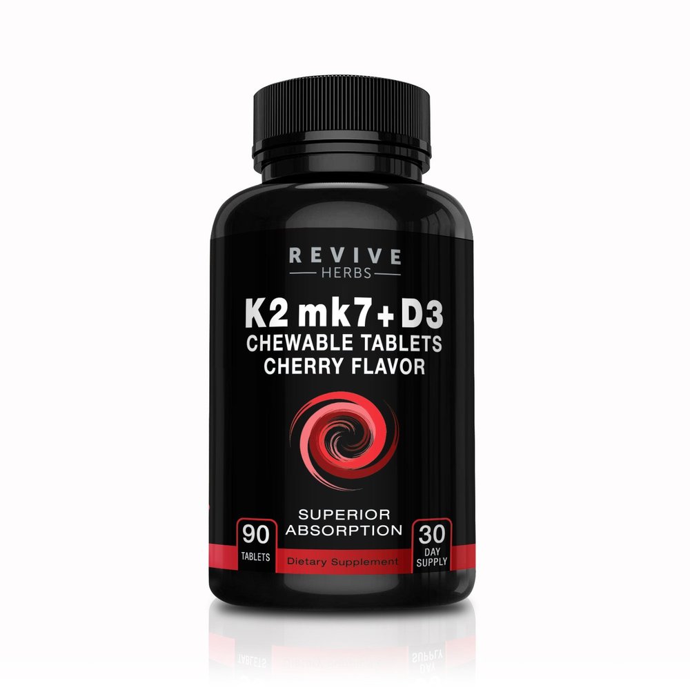 Revive Herbs Vitamin K2 D3 - Cherry Flavored Chewable Tablets for Superior Calcium Absorption - Supports Bone & Cardiovascular Health - Serving Size K2 mk7 225 mcg, D3 6000 IU - Vitamin D3 K2