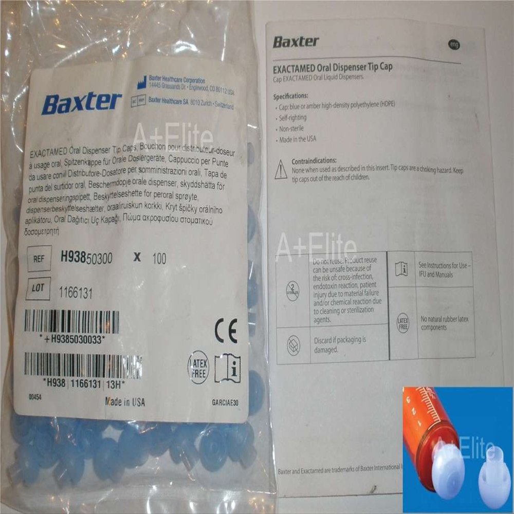 BAXA ExactaMed Oral Syringe Dispenser TIP CAPS ONLY 100/BG H938 50300 Exacta-Med Baxter Comar Latex Free 2115