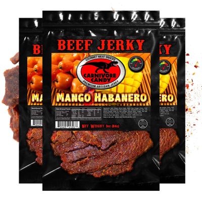 Carnivore Candys Mango Habanero Jerky Beef Jerky with amazing taste, no preservatives, MSG-free, low sodium Ready to Go Food. Great protein boost for the gym, office or on the go! (3 OZ - 3 bags)