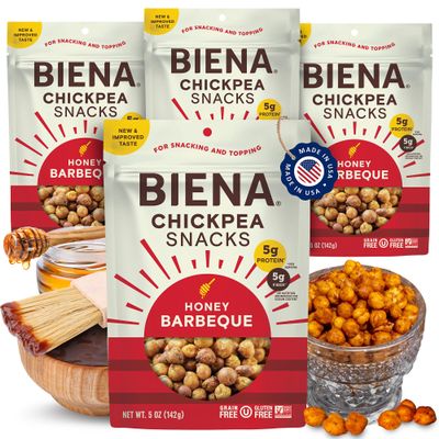 BIENA Chickpea Snacks - Crunchy Roasted Chickpeas - High Fiber Protein Snacks for Adults and Kids - 4-Pack, 5 Ounce Bags - Barbecue