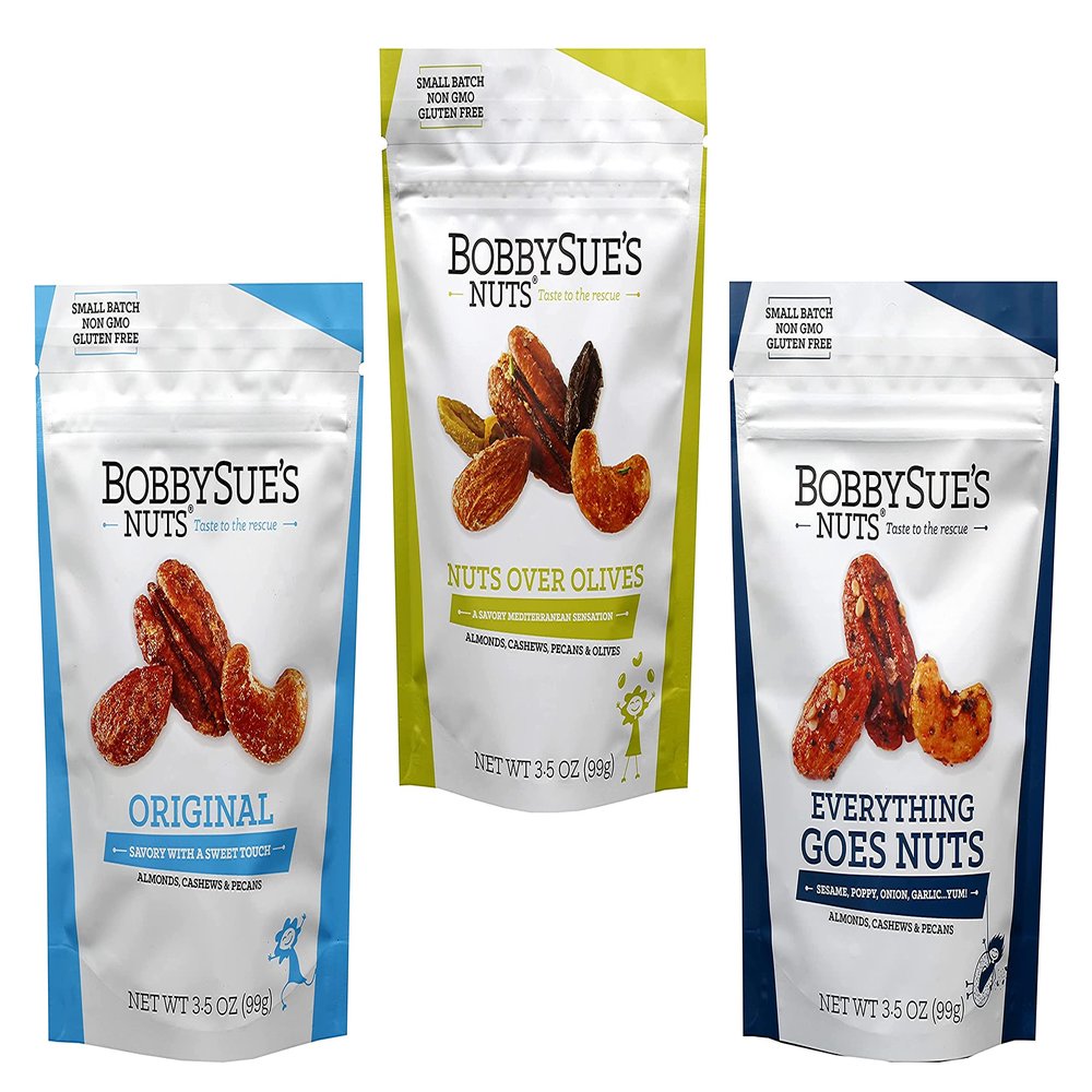 BobbySue's Savory Spiced Nuts Variety 3-Pack - Original, Everything Goes Nuts, and Nuts Over Olives - 3.5 Ounce Bags