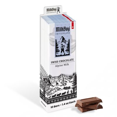 Milkboy Swiss Chocolates - Premium Swiss Alpine Milk Chocolate Extra Creamy Milk Chocolate Snack Bar Size 1.4 oz - GMO Free (10 Pack)