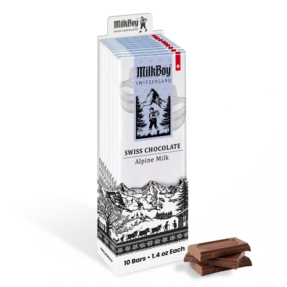 Milkboy Swiss Chocolates - Premium Swiss Alpine Milk Chocolate Extra Creamy Milk Chocolate Snack Bar Size 1.4 oz - GMO Free (10 Pack)