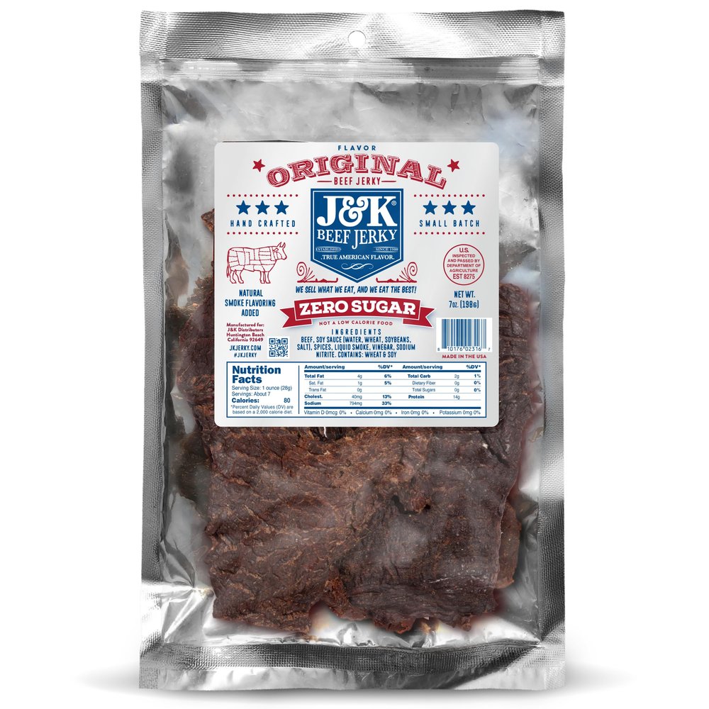 J&K Sugar-Free Original Beef Jerky - Real Premium Smoked Beef with Double Tenderness - Paleo & Keto Friendly Sourced & Made in California, USA - 7oz