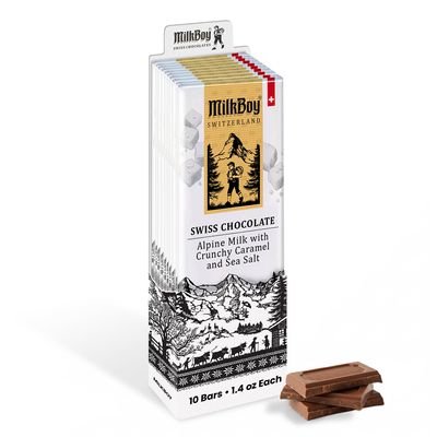 Milkboy Swiss Chocolates Milk Chocolates - Premium Alpine Milk Chocolate Bars with Crunchy Caramel & Sea Salt - Made in Switzerland - GMO Free - Each 1.4 oz - 10 Pack