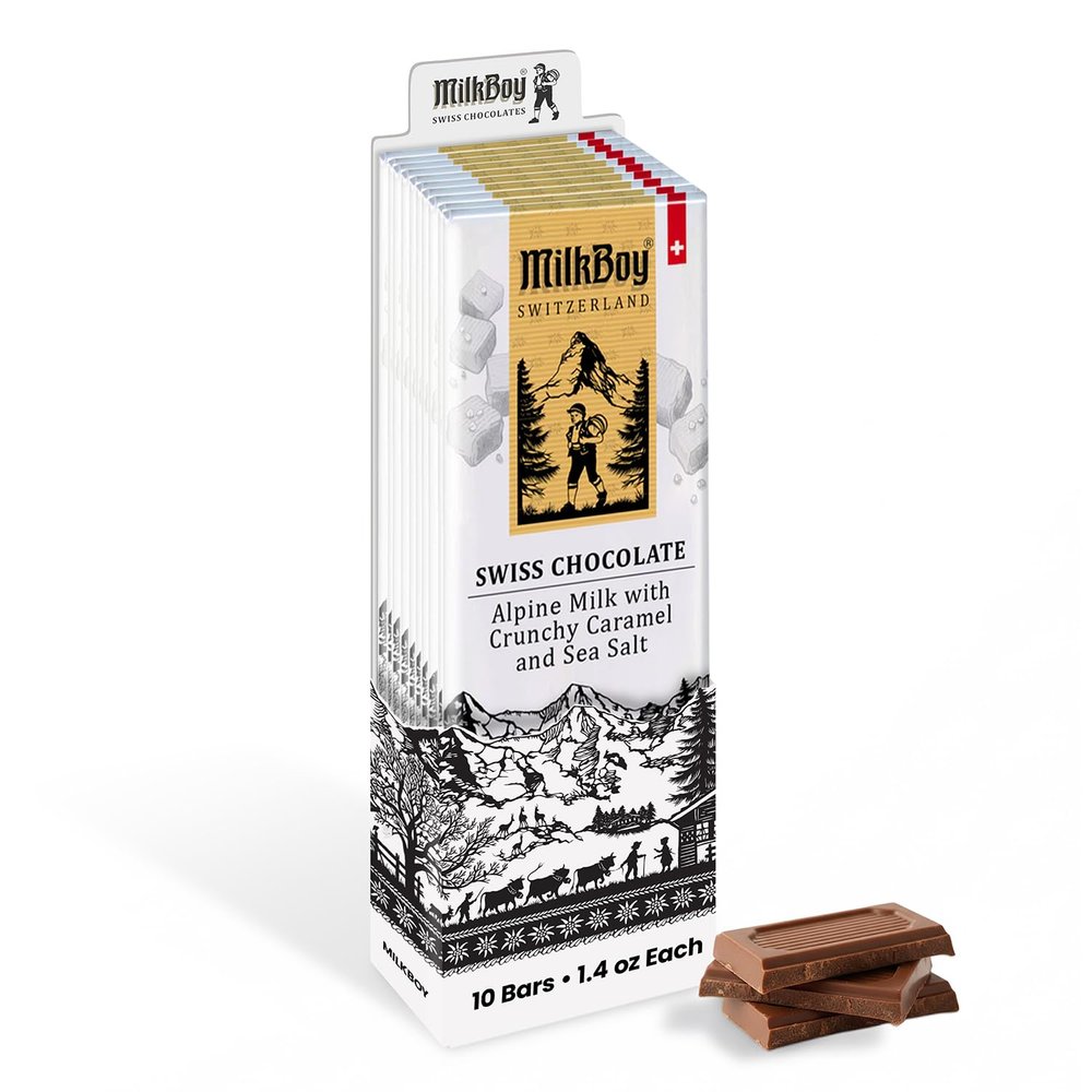 Milkboy Swiss Chocolates Milk Chocolates - Premium Alpine Milk Chocolate Bars with Crunchy Caramel & Sea Salt - Made in Switzerland - GMO Free - Each 1.4 oz - 10 Pack