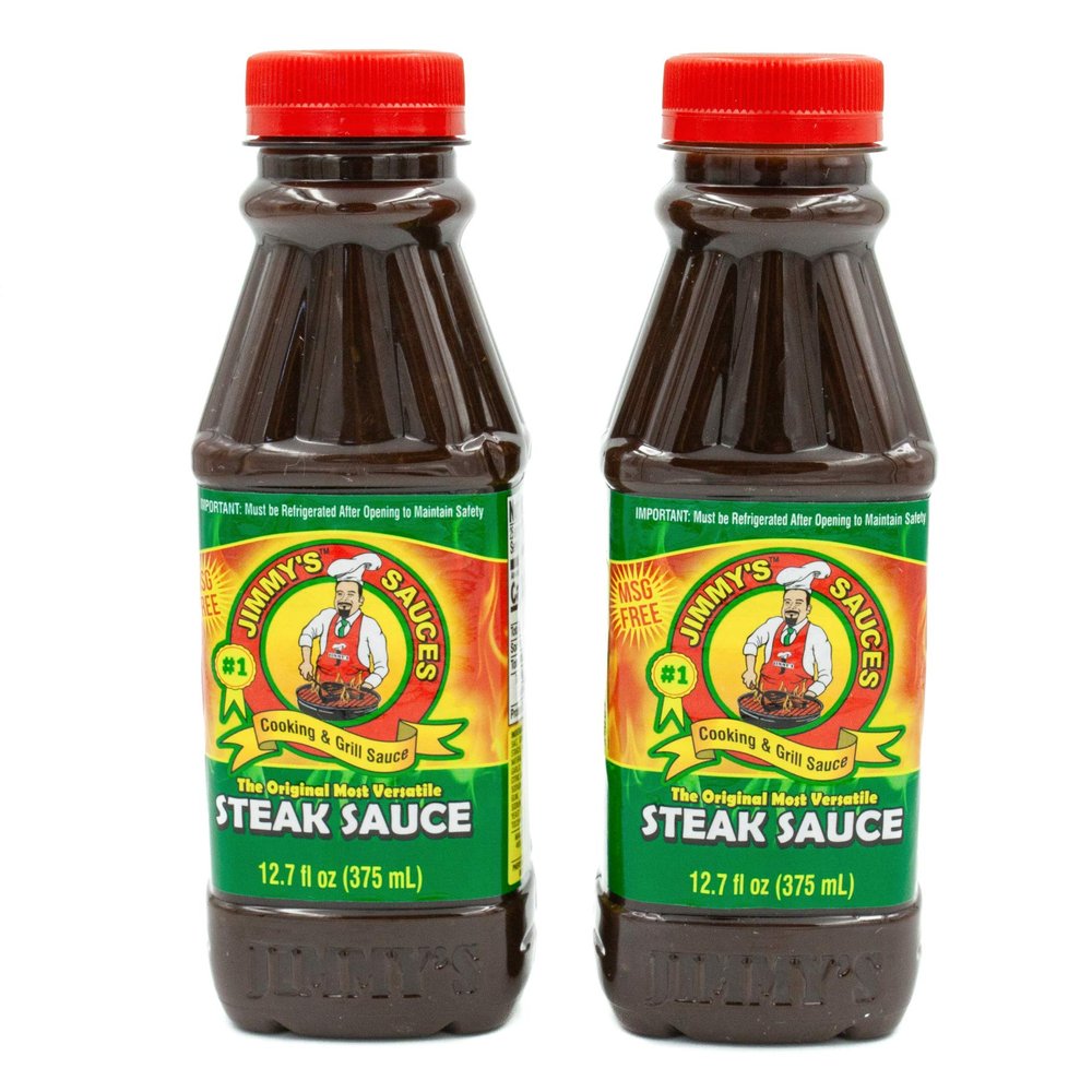 Jimmys Steak Sauce, Versatile Cooking & Grill Sauce, Meat Marinade, BBQ Sauce, Dipping Sauce & More (12.7oz 2 Pack) Tomato Based w/Worcester Sauce & Secret Spices No MSG, Kosher, Halal Sauce